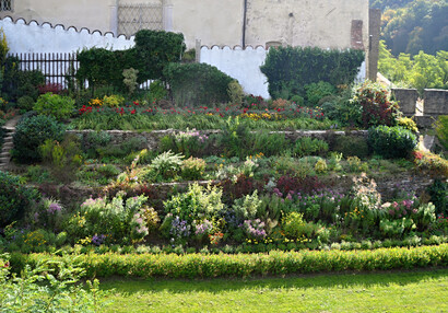 View of the ornamental autumn garden under the bridge