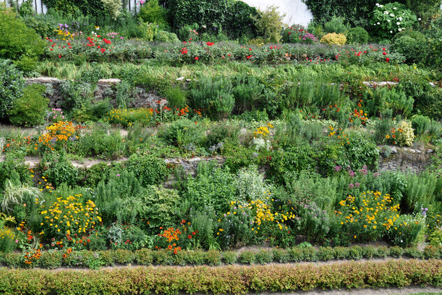 Summer terraces below the access bridge