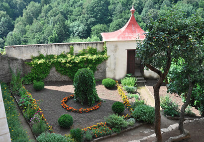 Herb garden below the first courtyard with apple tree and weeping mulberry