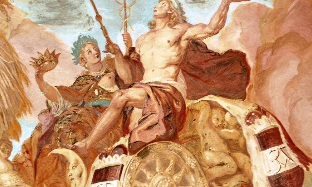 Allegorische Figur des Genius derer von Althann – zentrales Motiv der Freske an der Deckenwölbung des Ahnensaales
