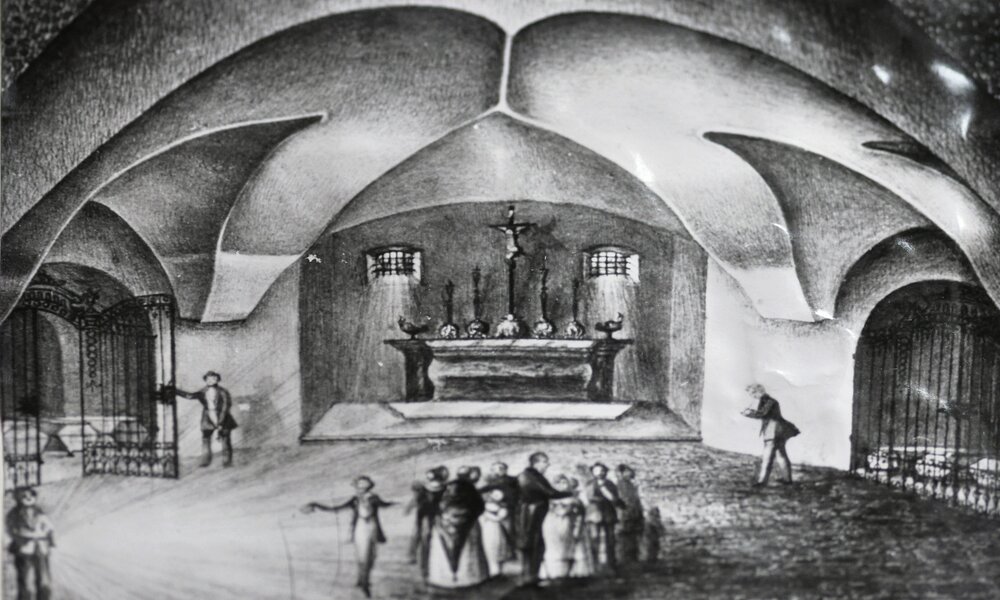 Gruft unter der Kapelle, Zeichnung aus dem zweiten Viertel des 19. Jh.